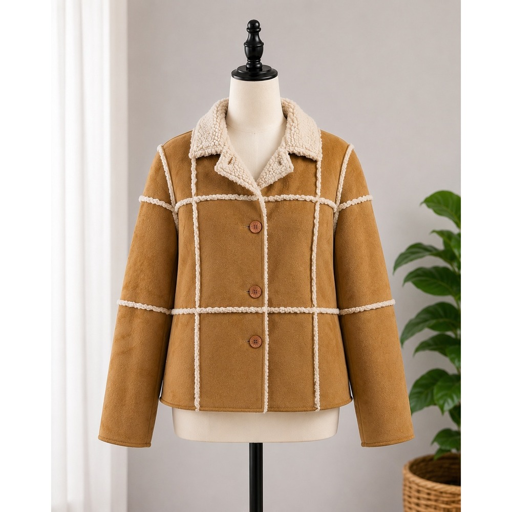 lei Vintage Y2K Faux Suede Sherpa Lined Patchwork Jacket Tan Brown Small